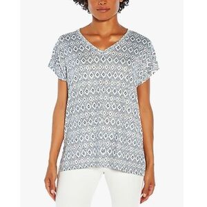 Orvis Blue & White Geometric Print Tunic V Neck Knit Top Size Large
